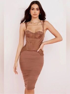 House of CB talya Toffee Corset Midi Dress